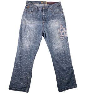 Akademiks Embroidered Baggy Distressed Jeans Wide 38x33 Streetwear Skater Grunge